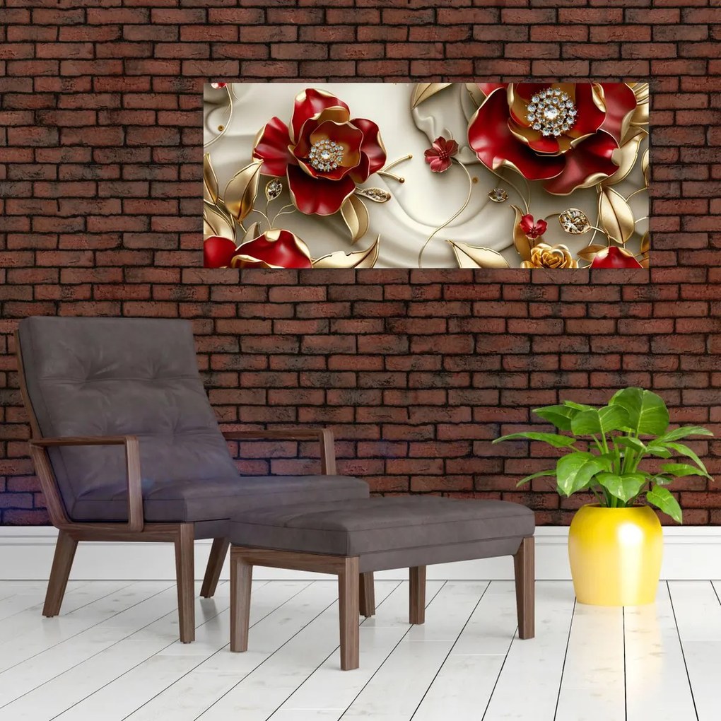 Obraz - 3D Červeno-zlaté kvety (120x50 cm)