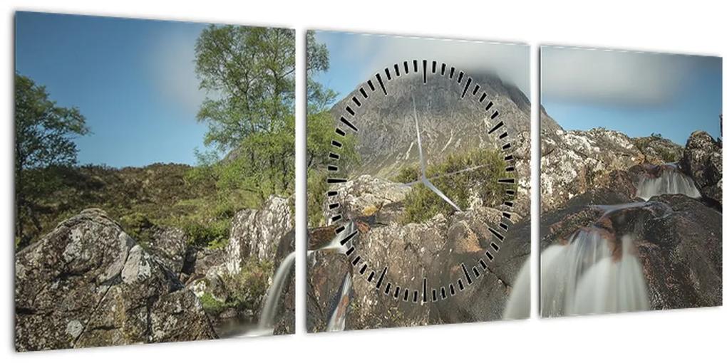 Obraz vodopádov a hory (s hodinami) (90x30 cm)