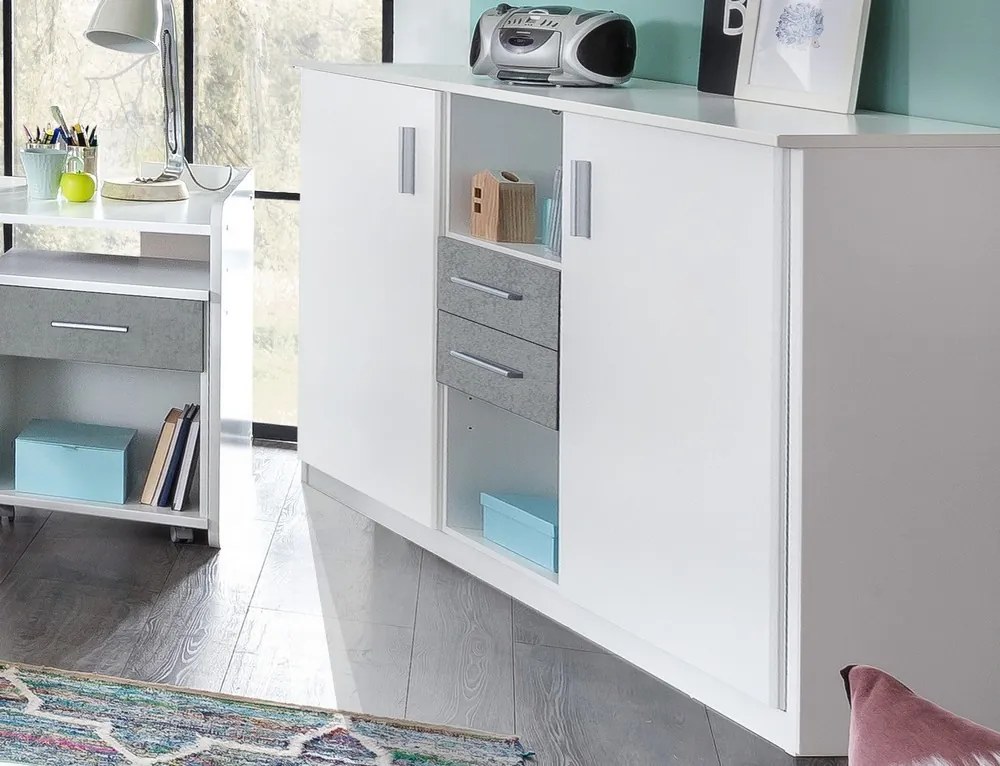 Široká komoda Joker, biela/sivý betón