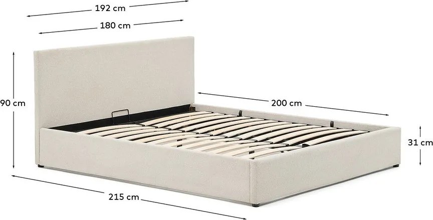 Béžová čalúnená dvojlôžková posteľ s úložným priestorom s roštom 180x200 cm Nahiri – Kave Home