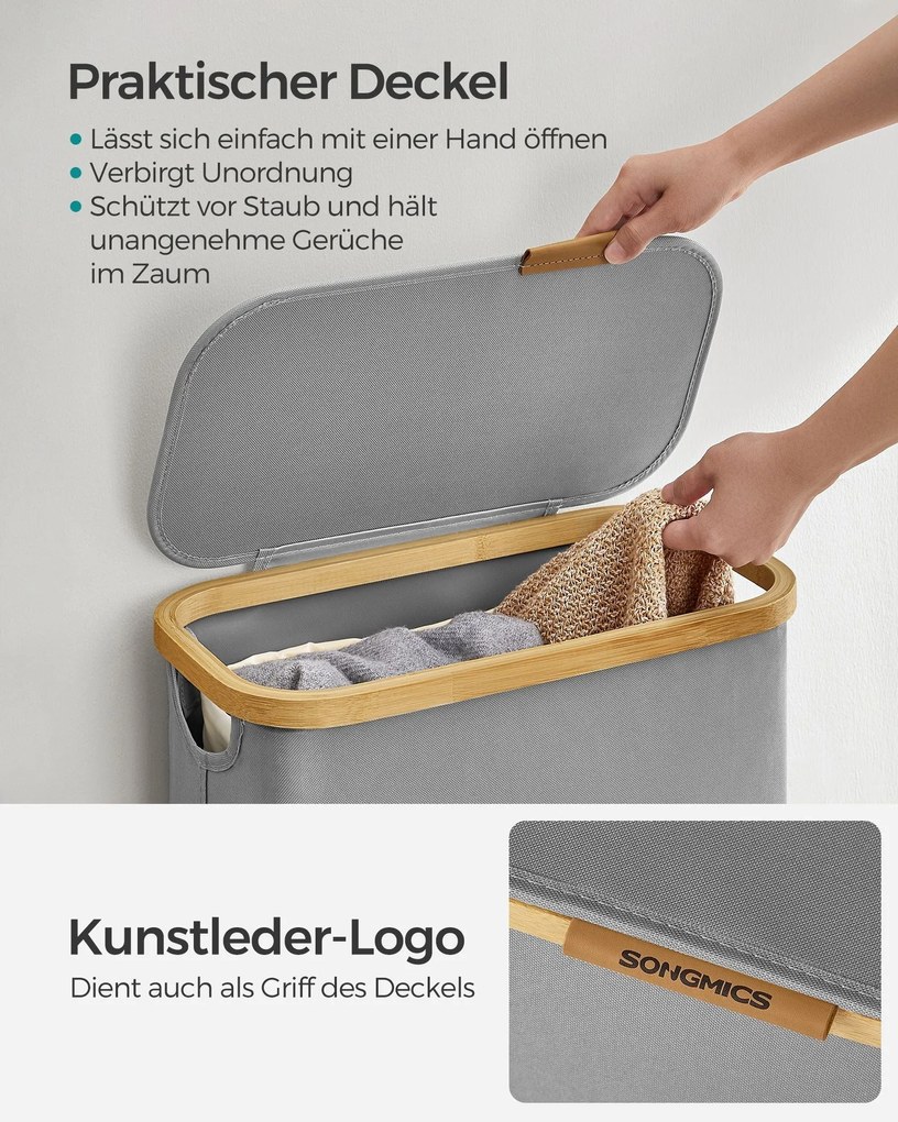 Kôš na prádlo s viečkom, úzky kontajner na prádlo 65 L, 42 x 22,5 x 70,5 cm, holubia šedá