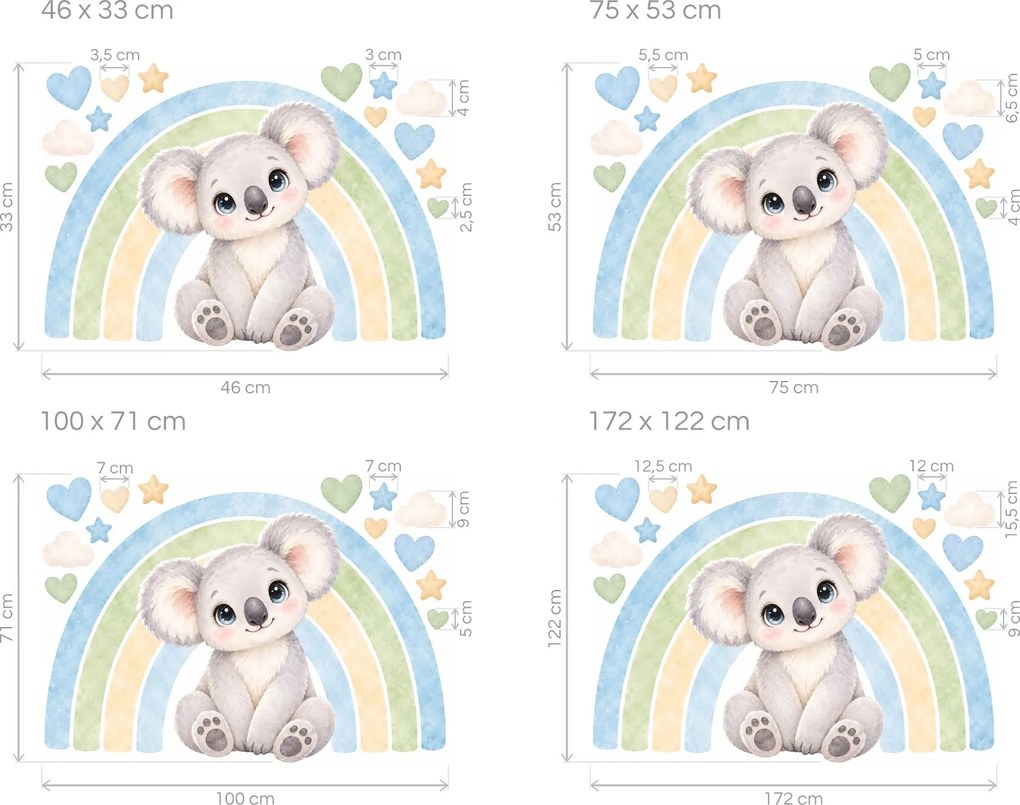 Koala pod dúhou modrozelené akvarelové nálepky na stenu pre dievčatá hárok 46 x 33 cm