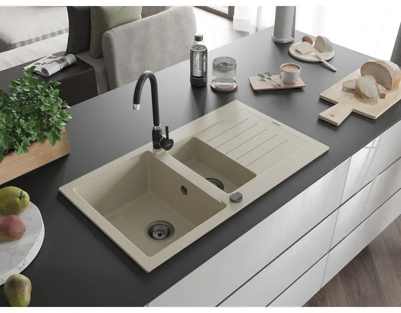 Mexen Matias, granitový drez 900x505x200 mm, 1,5-komorový a čierna batéria Telma, béžová, 6502-69-670200-70