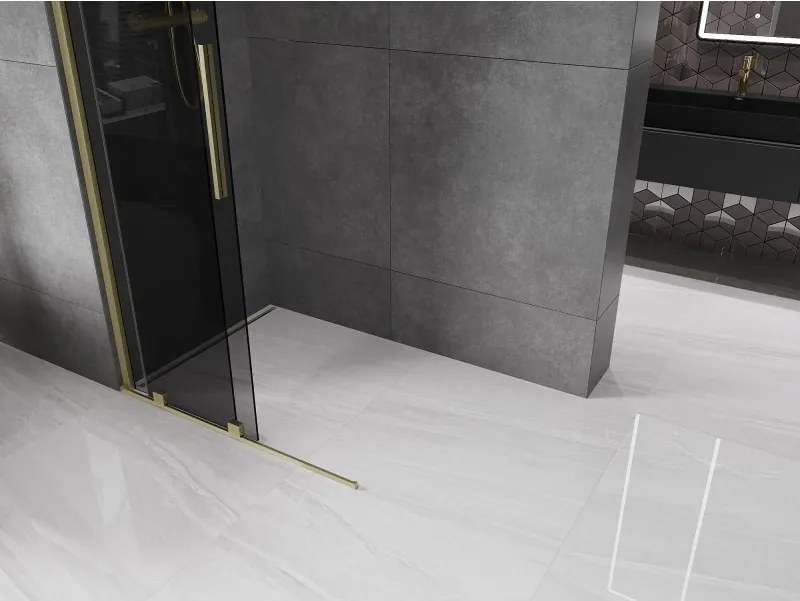 Mexen Velar, sprchová zástena s posuvnými dverami Walk-in 110 x 200 cm, 8mm šedé sklo, zlatá matná, 871-110-000-43-55