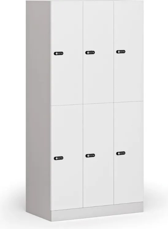 Šatníková skrinka S1 s úložnými boxmi, 6 boxov, 1850 x 900 x 500 mm, mechanický kódový zámok, laminované dvere, biela