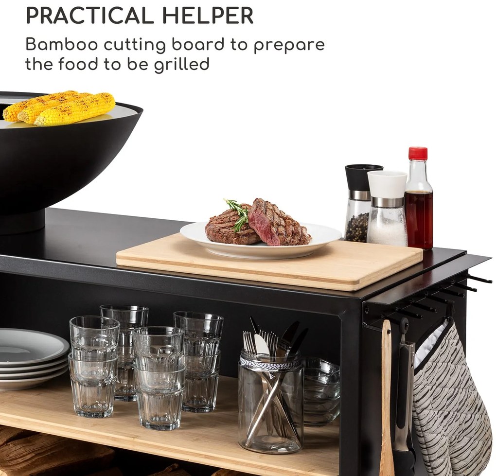Blumfeldt Savage 2.0 Wide, ohnisko s grilom, bambusová doska na krájanie, ochranný kryt