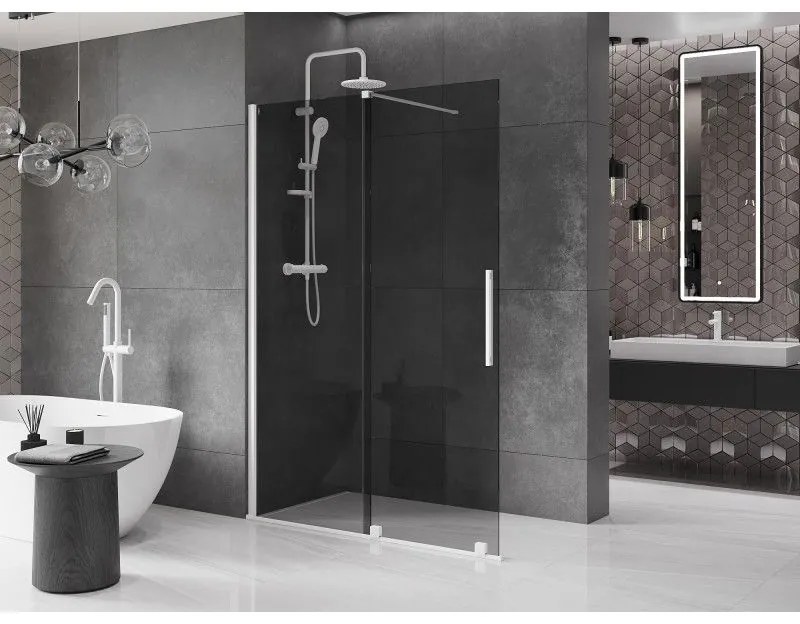 Mexen Velar, sprchová zástena s posuvnými dverami Walk-in 130 x 200 cm, 8mm šedé sklo, biela matná, 871-130-000-43-20