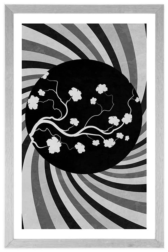 Plagát s paspartou ázijské grunge pozadie v čiernobielom prevedení - 30x45 silver