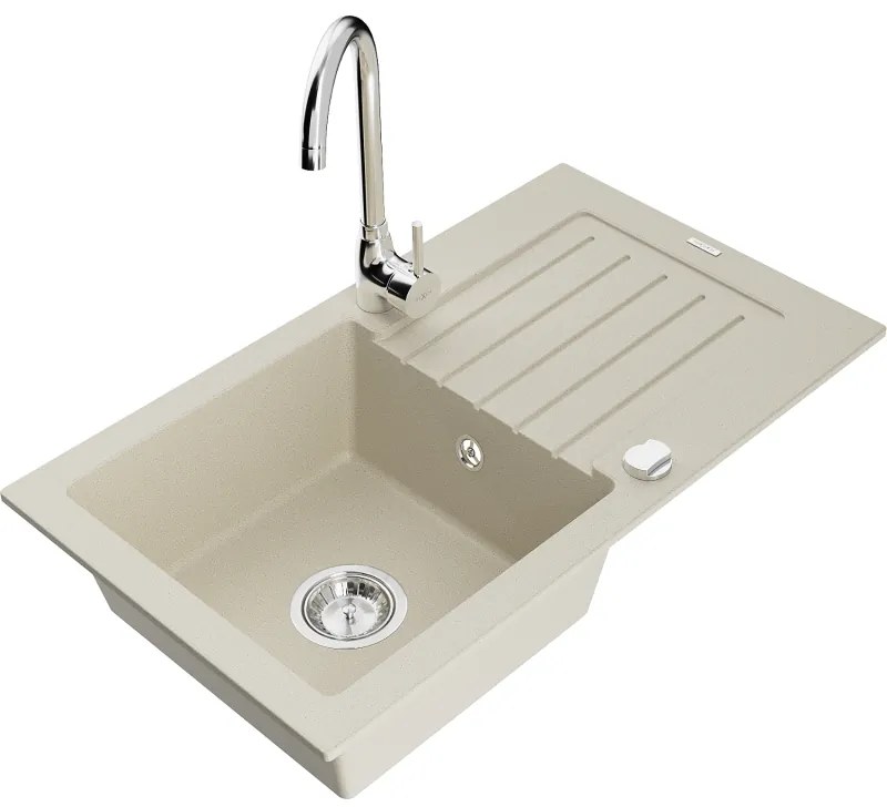 Mexen Pablo, granitový drez 752x436x161 mm, 1-komorový a chrómová batéria Telma, béžová, 6510-69-670200-00