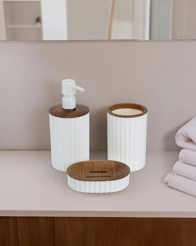 Sada kúpeľňových doplnkov Roza biela/s povrchovou úpravou v dekore dreva