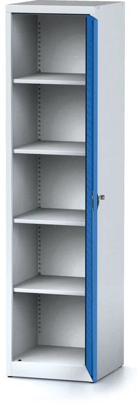 Úzka policová dielenská skriňa MECHANIC, 4 police, 490 x 500 x 1950 mm, modré dvere