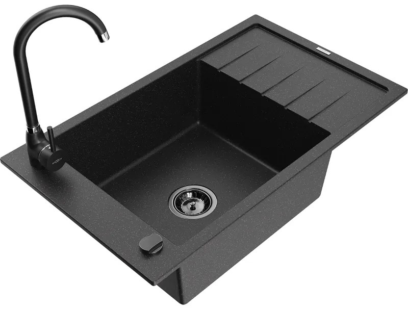 Mexen Elias, 1-komorový granitový drez s odkvapkávačom 795x480x200 mm a čierna kuchynská batéria Telma, čierna-strieborná metalíza, 6511-73-670200-70-B