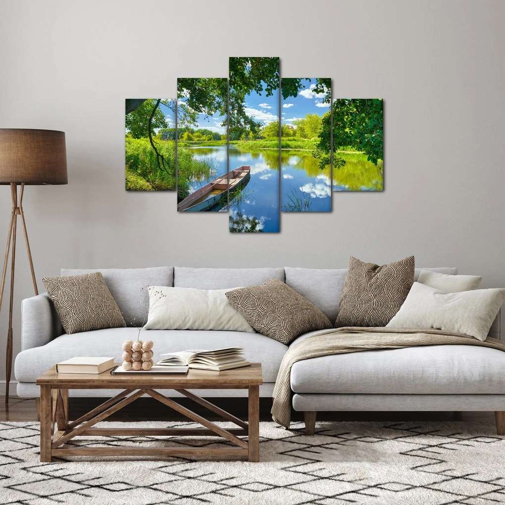 Obraz letné rieky s loďkou (150x105 cm)