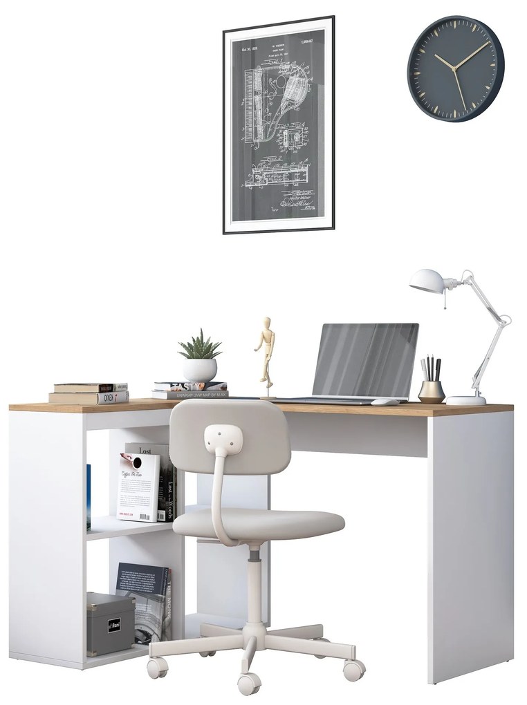 Rohový písací stôl Mario 120 cm s úložným regálom dub prírodný/biely