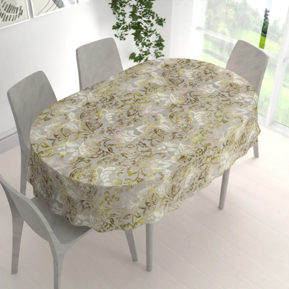 Biante Zamatový oválny obrus Tamara TMR-055 Abstraktné zelené kvety na zelenosivom 140x200 cm