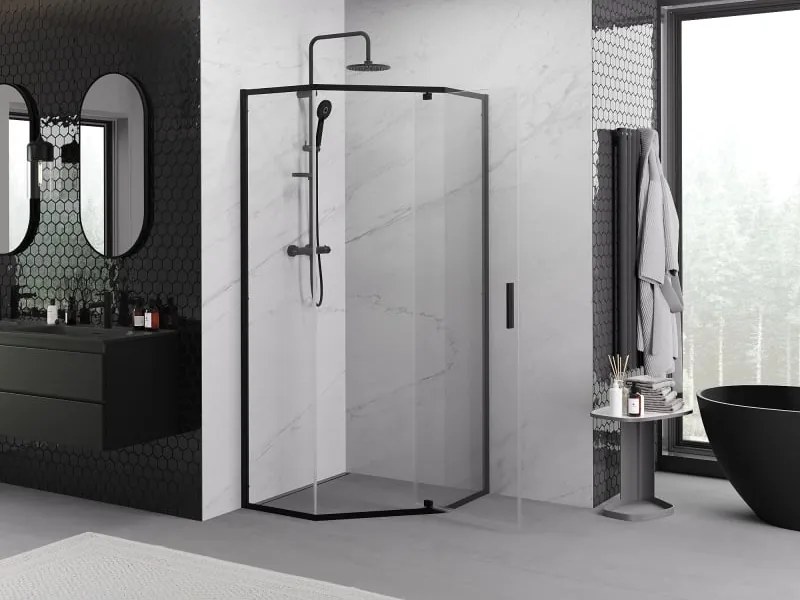 Mexen Exo päťuholníková sprchová kabína výkyvné 90 x 90 cm, transparentná, čierna - 812-090-090-70-00