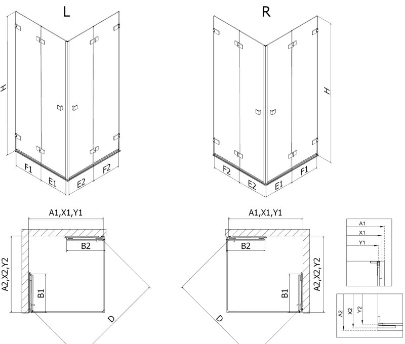 Mexen Lunar-F Duo, skladací sprchový kút 95 x 85 cm, 6mm číre sklo, zlatý matný profil, 836-095L-085P-55-00