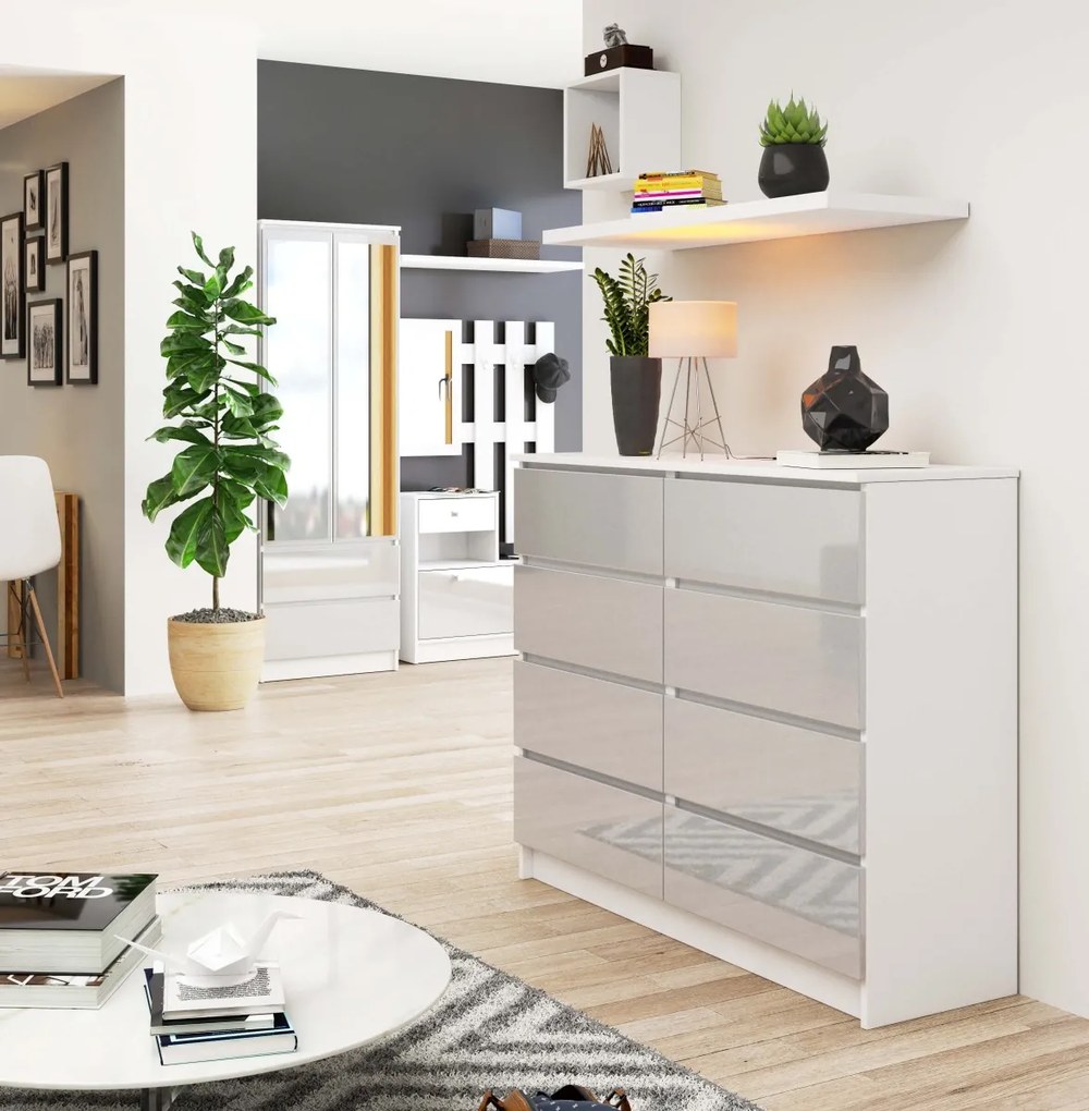 Komoda Kuba 120 cm 8 zásuviek biela/sivá