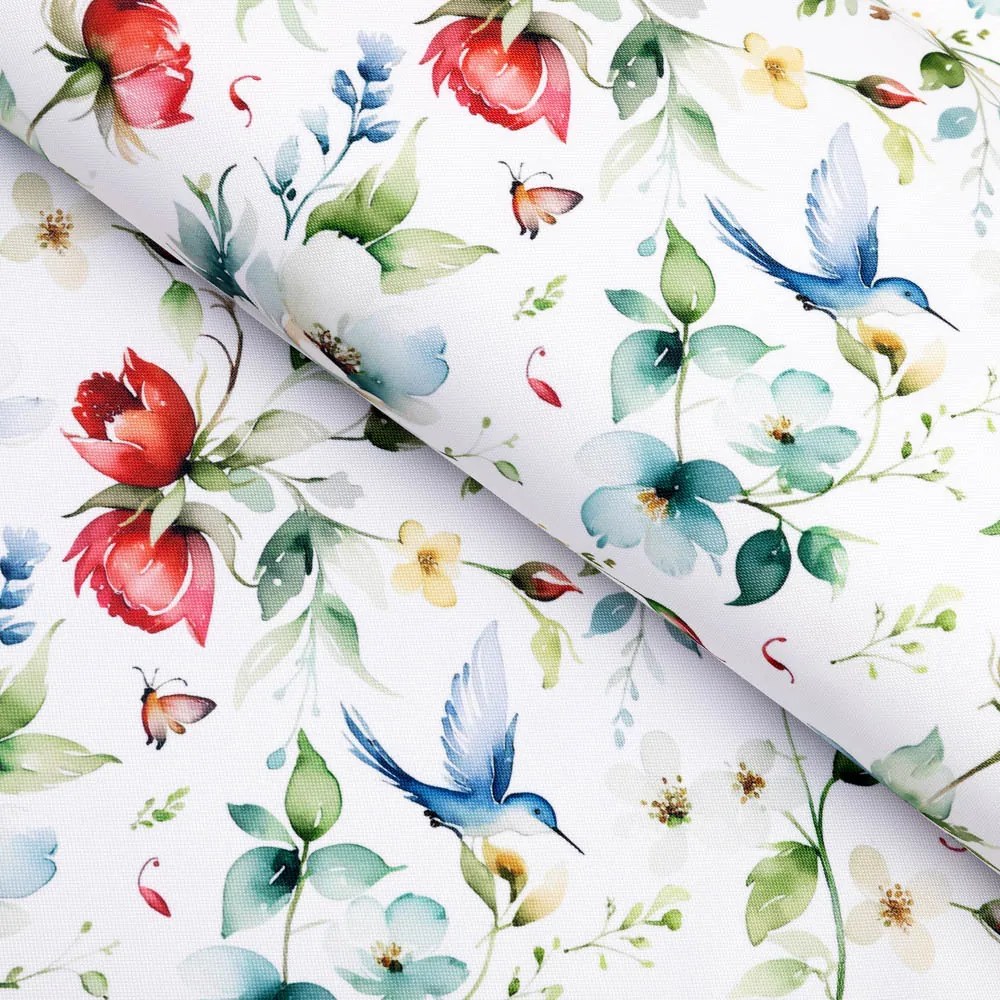 Biante Teflónový oválny obrus TF-116 Akvarelové kvety s kolibríkmi na bielom 140x220 cm