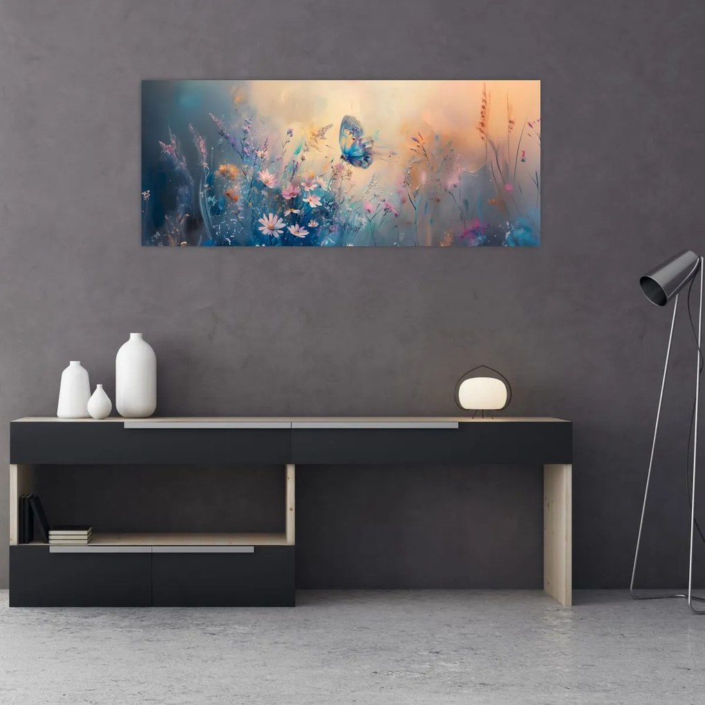 Obraz - Lúka s motýľom (120x50 cm)