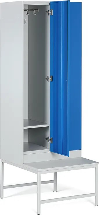 Šatníková skrinka S1 s lavičkou, 2 oddiely, 1875 x 600 x 500/800 mm, cylindrický zámok, zelené dvere