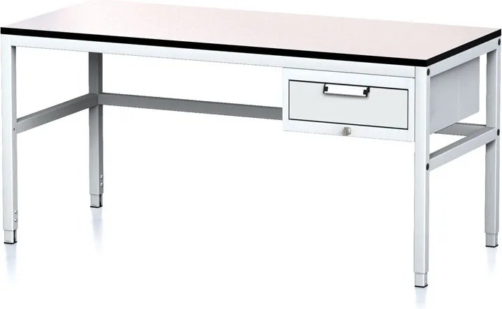 Nastaviteľný dielenský stôl MECHANIC II, 1 zásuvkový box na náradie, 1600x700x745-985 mm, sivá