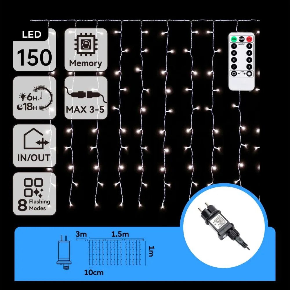 Aigostar - LED vonkajší vianočný reťazec 150xLED/6W/230V/8 funkcií 1,5x1m IP44 studená biela+DO