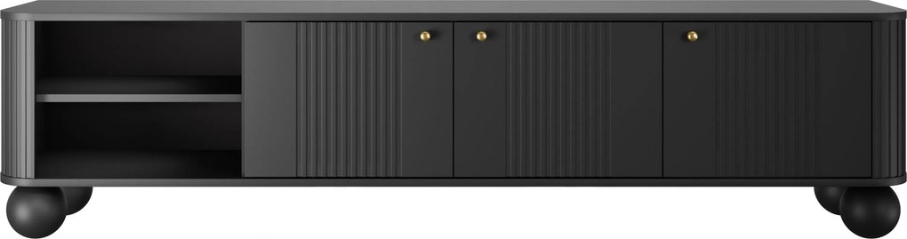 Čierna RTV skrinka Vesper 187 cm trojdverová - so zlatými úchytkami a guľovými nohami