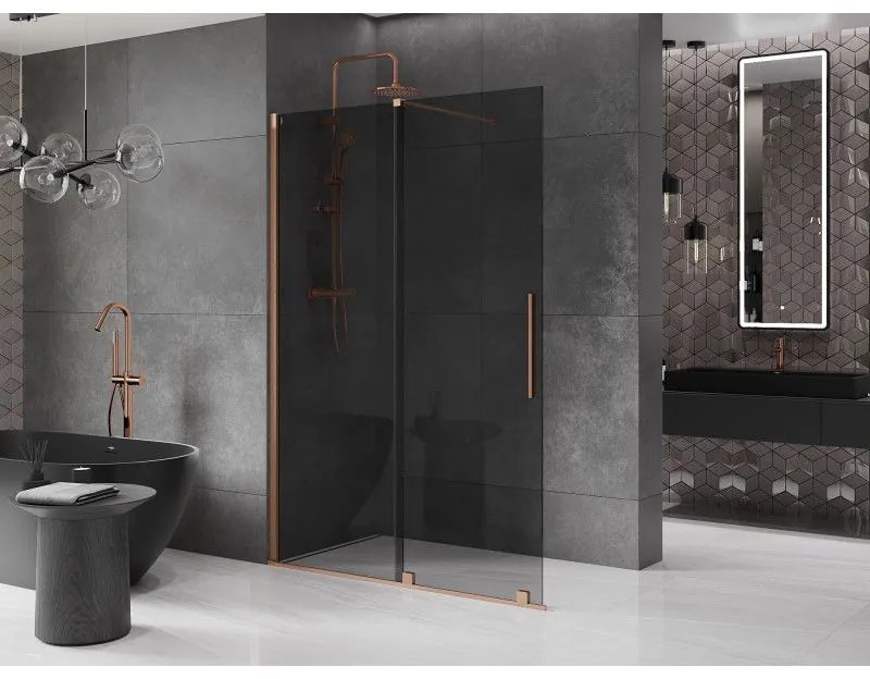 Mexen Velar, sprchová zástena s posuvnými dverami Walk-in 150 x 200 cm, 8mm šedé sklo, medená matná, 871-150-000-43-65