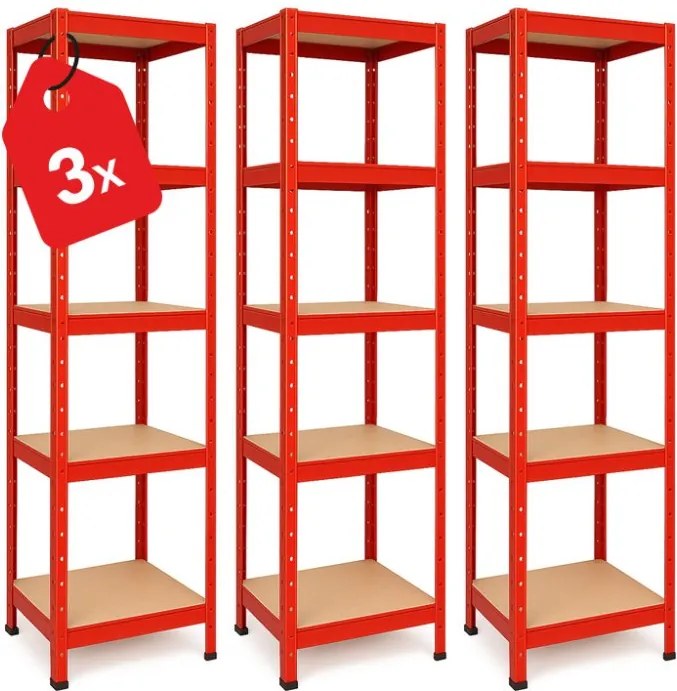 Akcia 3x Regál 180x40x40 cm lakovaný 5-policový, nosnosť 875 kg - červený