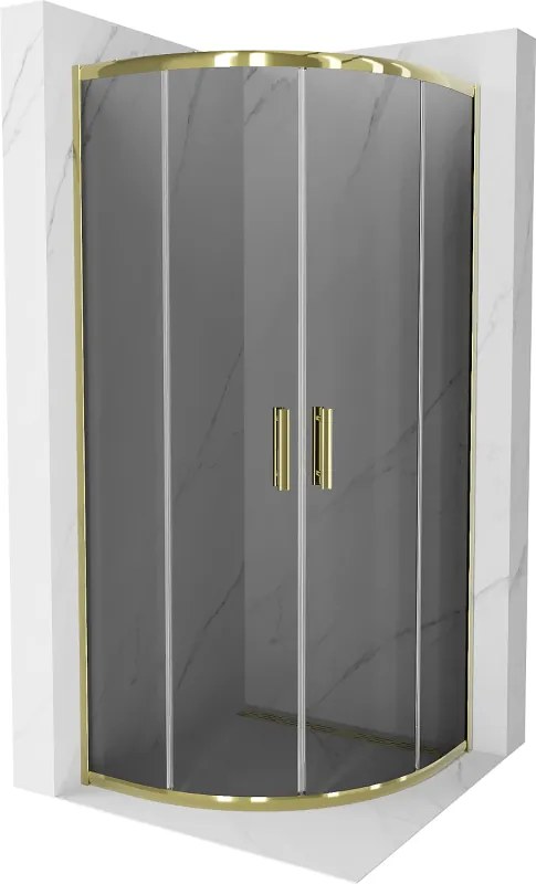 Mexen Rio, štvrťkruhový sprchovací kút s posuvnými dverami 70(dvere) x 70(dvere) x 190 cm, 6mm šedé číre, zlatý lesklý profil, 863-070-070-50-40