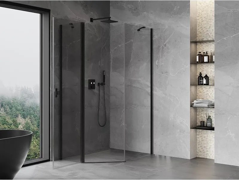 Mexen Mist, päťuholníkový sprchový kút výklopný 80 x 90 cm, číre sklo, čierny profil, 8A8-080-090-70-00