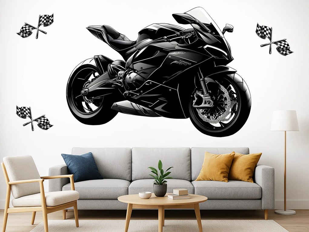 Čierna motorka textilní prelepiteľná nálepka na stenu hárok 47 x 33 cm
