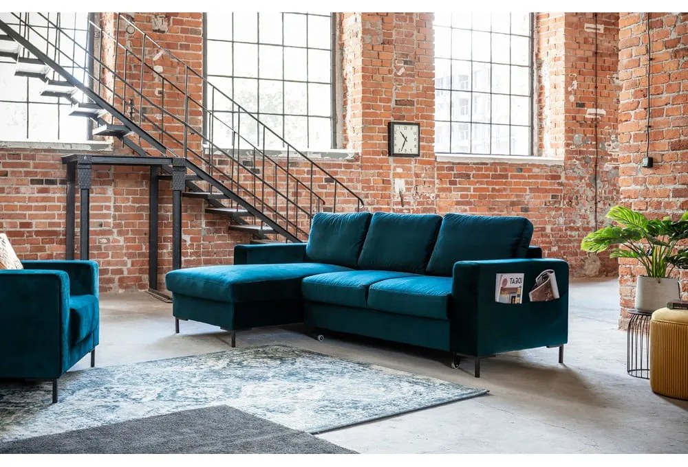 Zamatová rozkladacia rohová pohovka v petrolejovej farbe (ľavý roh) Lofty Lilly – Miuform