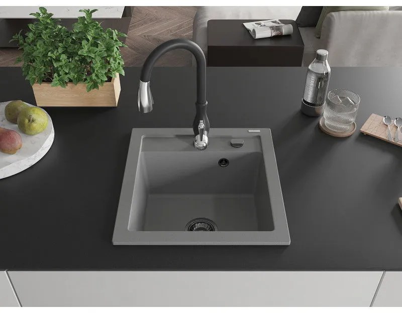 Mexen Vito, 1-komorový granitový drez 520x490x210 mm a drezová batéria Savita, šedá, 6503-71-672601-70-B