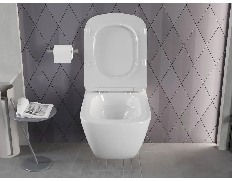 Mexen Timo, závesná WC misa 555x370x335 mm, Rimless Tornádo + WC sedadlo z duroplastu, biela lesklá, 30650200T