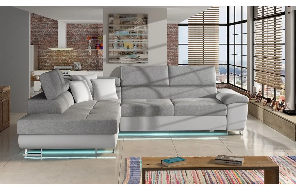 Rohová sedačka Alvin LED, Dostupné poťahy: Ekokoža Soft 011 (čierna) + Lux 06 + Ekokoža Soft 011 (čierna), Strana: pravá