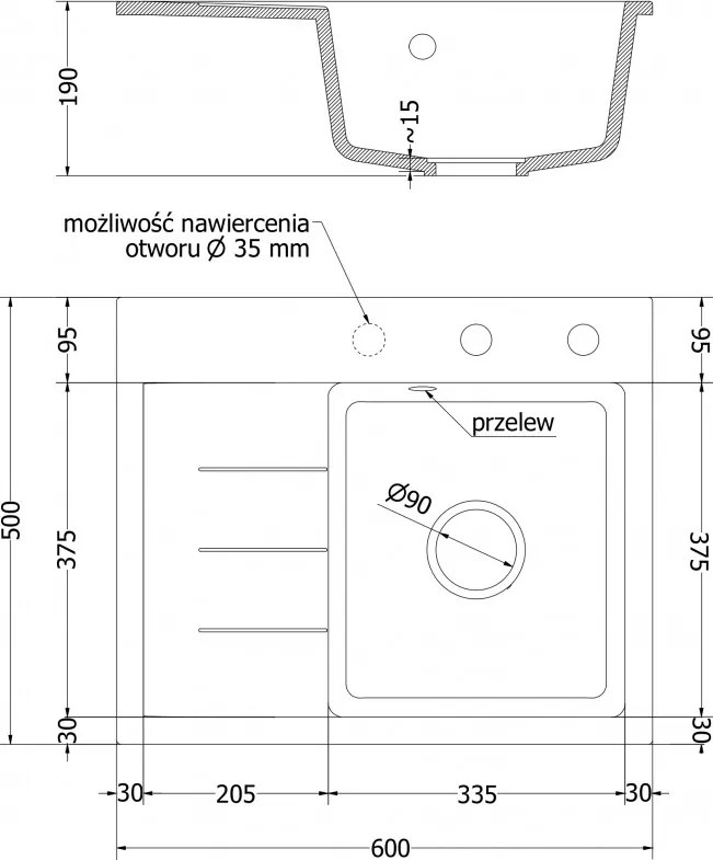 Mexen Ben, 1-komorový granitový drez 600x500x190 mm, pravý + zlatý sifón, čierna-strieborná metalíza, 6523605000-73-G
