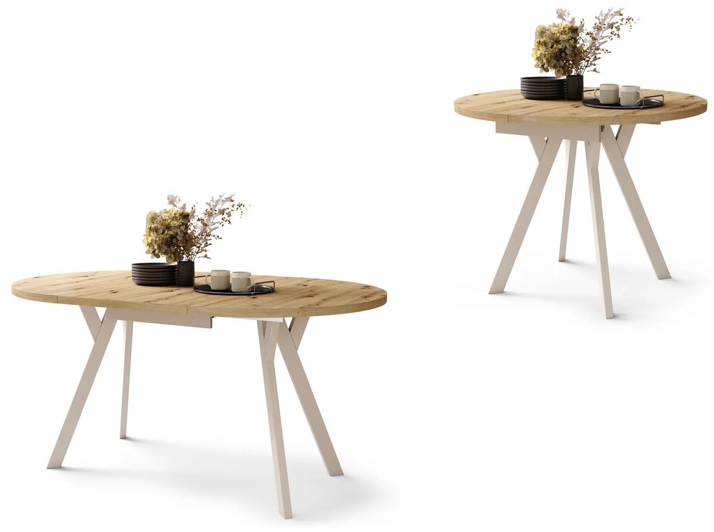 ALMO Dub Artisan/béžové nohy - OKRÚHLY LOFTOVÝ/INDUSTRIÁLNY ROZKLADACÍ STÔL DO OBÝVAČKY/JEDÁLNE