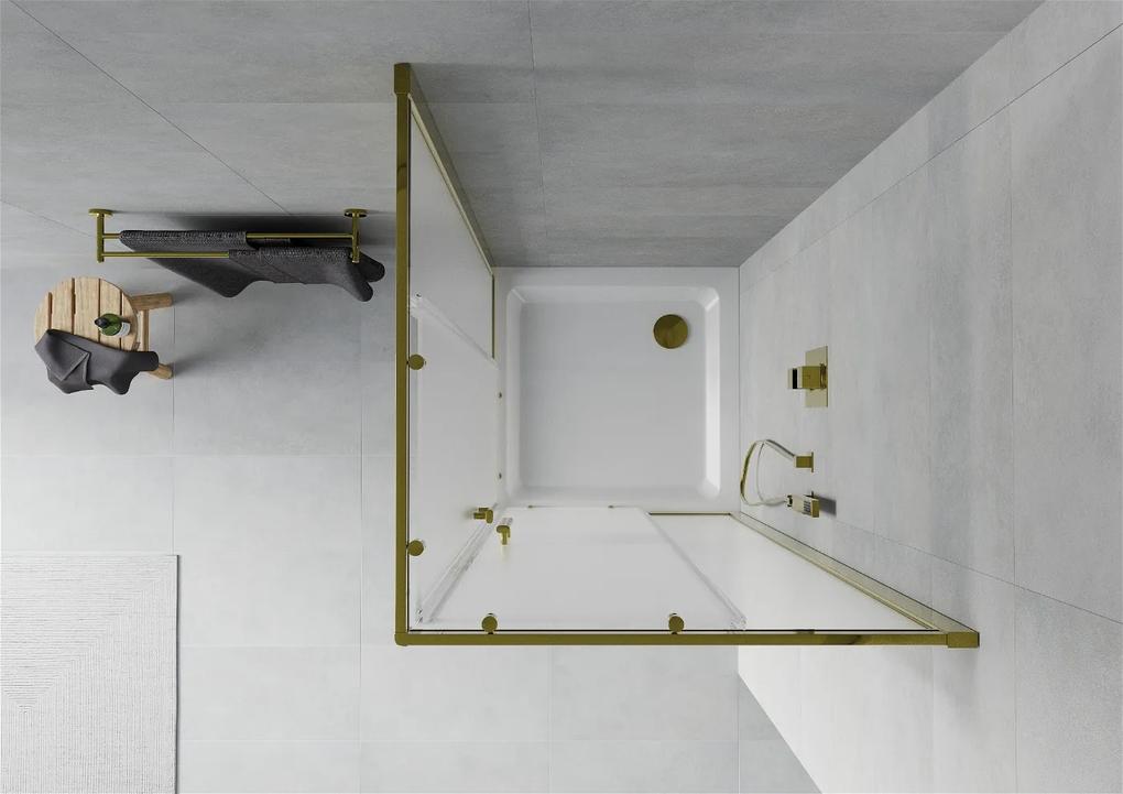 Mexen Rio, štvorcový sprchovací kút s posuvnými dverami 80 (dvere) x 80 (dvere) x 190 cm, 5mm sklo námraza, zlatý profil + biela sprchová vanička SLIM, 860-080-080-50-30-4010G