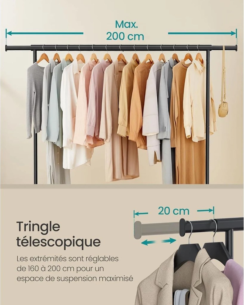 Stojan na oblečenie na kolieskach, extra dlhý, prenosný, čierny