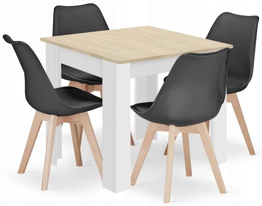 Jedálenská zostava stôl Dub sonoma/ biele nohy 80 X 80 cm čierne nohy + 4 stoličky MARK čierne/ prírodné nohy