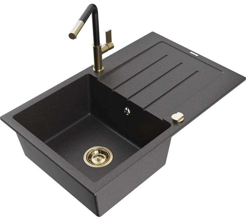 Mexen Bruno, 1-komorový granitový drez 795x495x200 mm a drezová batéria Flora, čierna škvrnitá, 6513-76-670401-57-G
