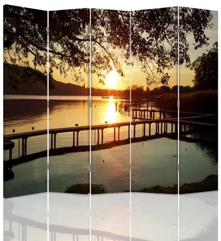 Ozdobný paraván Platforma Sunset Lake - 180x170 cm, päťdielny, klasický paraván