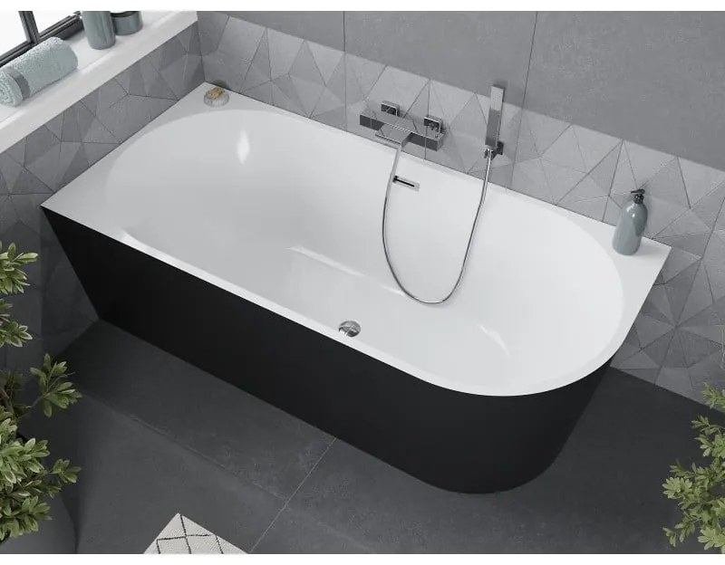Mexen Mia, voľne stojaca rohová vaňa, lavá, 150 x 75 cm, biela-čierna, chrómový prepad, 52691507575L-01