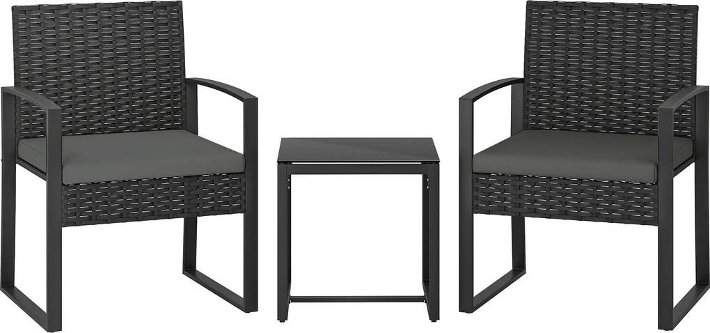Outsunny 3-dielny ratanový bistro set — 2 kreslá a stolík s odnímateľnými vankúšmi, tmavosivý | Aosom