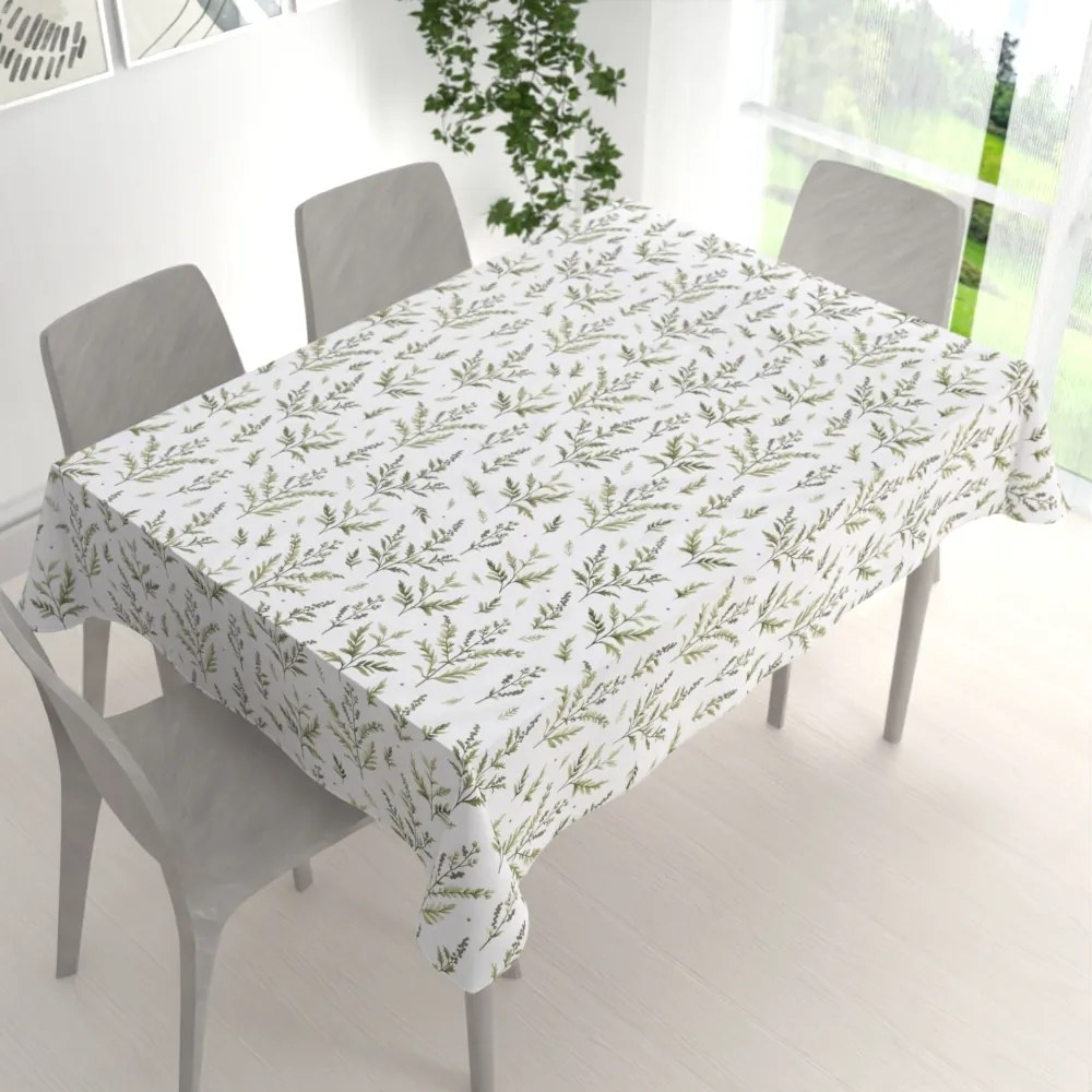 Biante Bavlnený obdĺžnikový obrus Sandra SA-718 Zelené vňate byliniek na bielom 140x220 cm