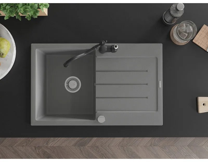 Mexen Bruno, granitový drez 795x495x200 mm, 1-komorový a drezová batéria Carla, šedá, 6513-71-670700-70
