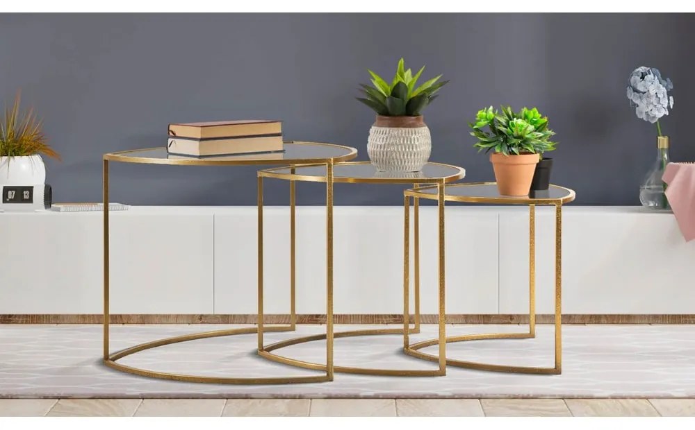 Okrúhle konferenčné stolíky v súprave 3 ks so sklenenou doskou v zlatej farbe ø 60 cm Triangle – Mauro Ferretti