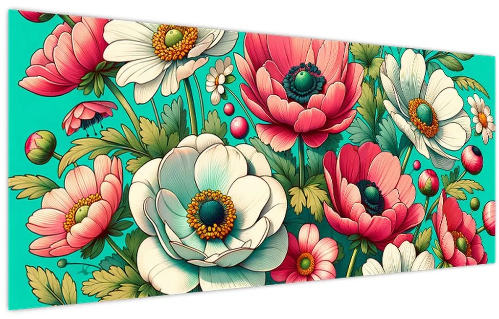 Obraz - Kvety na modrom pozadí (120x50 cm)